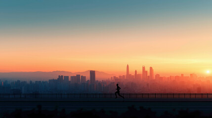 A solitary runner silhouetted against a vibrant sunrise, running along an elevated road with a city skyline in the background. The scene symbolizes perseverance, ambition, and a fresh start.