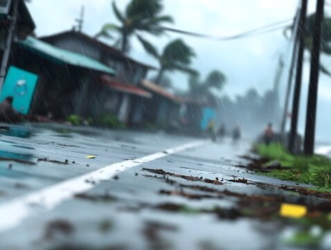Impending Tropical Cyclone Bearing Down on Seaside Village Ominous Clouds Swirling Overhead Driving Rain and Gusting Winds