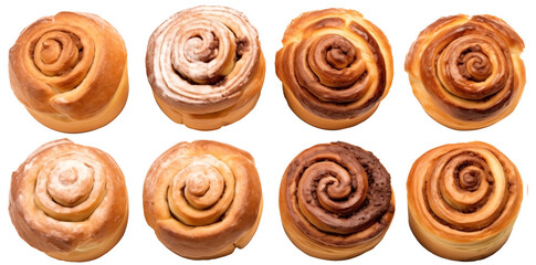 Fototapeta premium Top View To a Set Of cinnamon rolls PNG Sweet pastry with icing isolated on white and transparent background - Baked dessert with Glazed topping French Breakfast For Bakery Menu Banner Concept