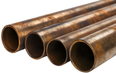 Isolated iron and steel pipes, cylinder metal tubes used in construction and industry, stack of stainless, aluminum chrome rusty pipes, essential for plumbing and pipeline systems