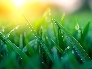 Fototapeta premium Macro View of Dewy Grass with Vibrant Blades at Dawn Showcasing Lush Greenery and Clinical Realism