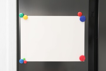 Blank note board with magnets on refrigerator in kitchen. Mockup for design