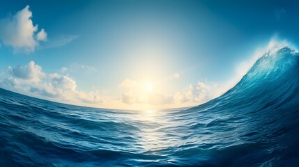 Fototapeta premium Ocean Wave Crashing Under Blue Sky.