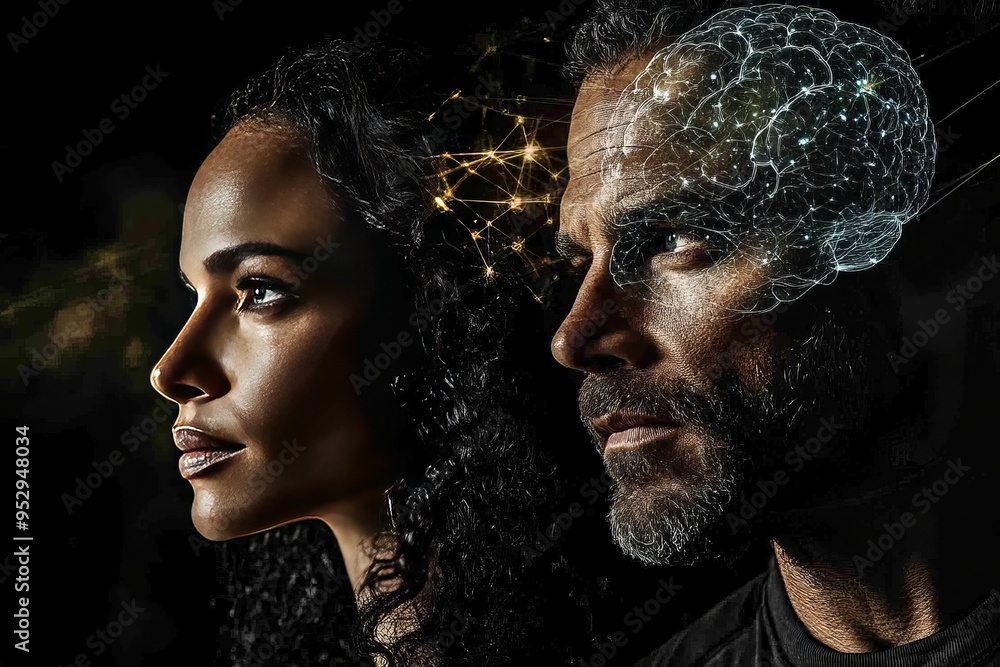 Poster a man and woman with glowing brains connected by geometric lines symbolizing the intersection of ide