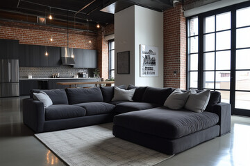 Obraz premium Minimalist Elegance: Charcoal Fabric Sectional in a Spacious Interior
