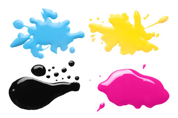 Printer ink of different colors. Set of spots isolated on white, top view