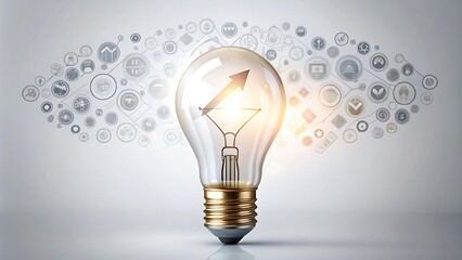 Brand Awareness Growth a light bulb with a rising arrow and brand icons, symbolizing the increase in brand visibility and awareness through digital marketing.