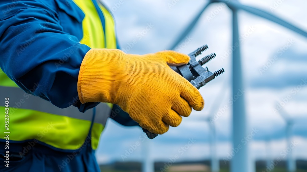 Poster engineer performing routine maintenance on turbine machinery in a wind farm setting