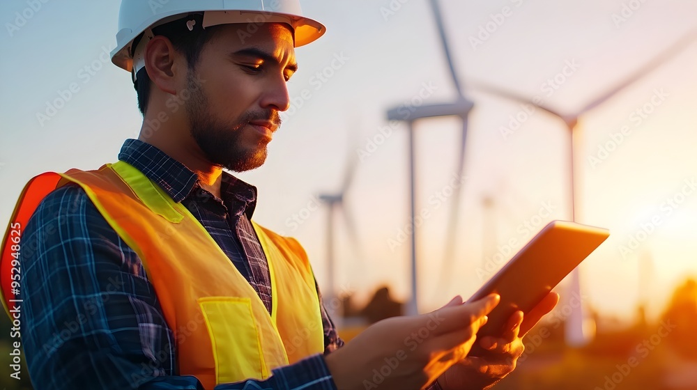 Poster wind turbine engineer analyzing data on tablet with spinning turbines in sustainable energy project