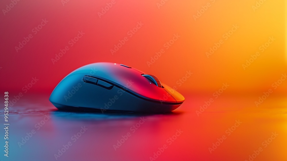 Poster a wireless computer mouse on a table with a red and orange gradient background.