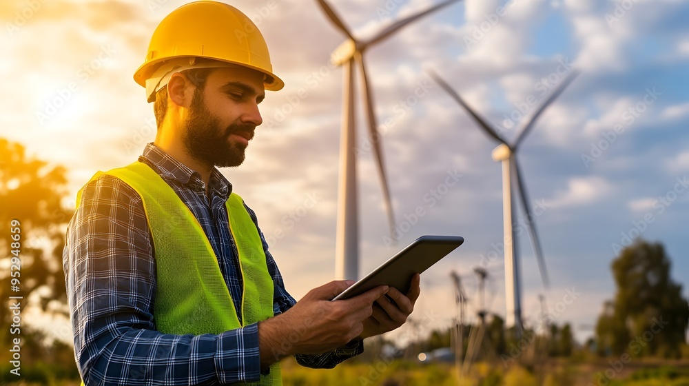 Poster wind turbine engineer analyzing sustainable energy project data on tablet with spinning turbines in 