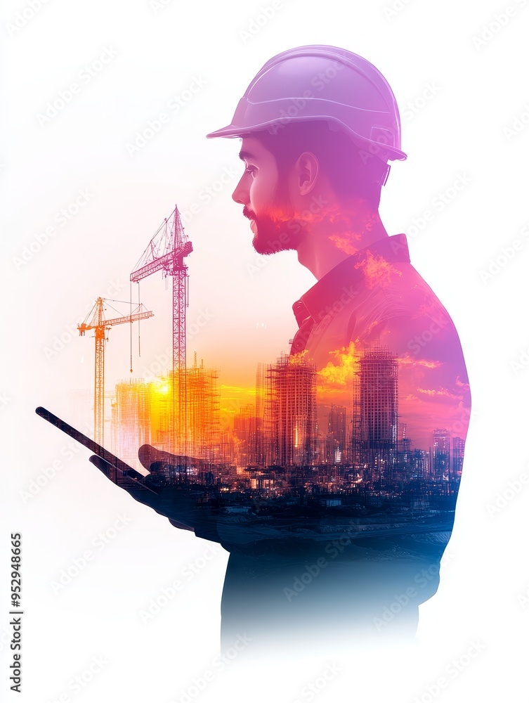 Poster project manager monitors construction progress with tablet in real-time oversight