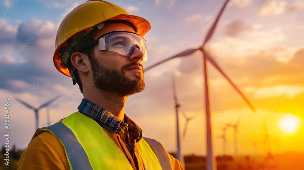 Poster wind turbine engineer inspecting advanced electrical monitoring technology for efficient energy prod