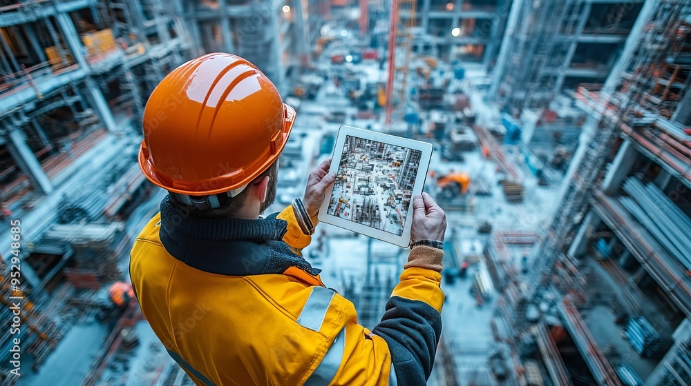 Poster project manager monitors construction progress with tablet in real-time oversight