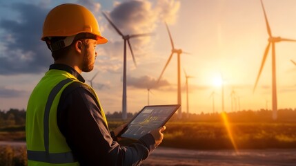 Wind Turbine Engineer Examining Data on Tablet at Renewable Energy Installation