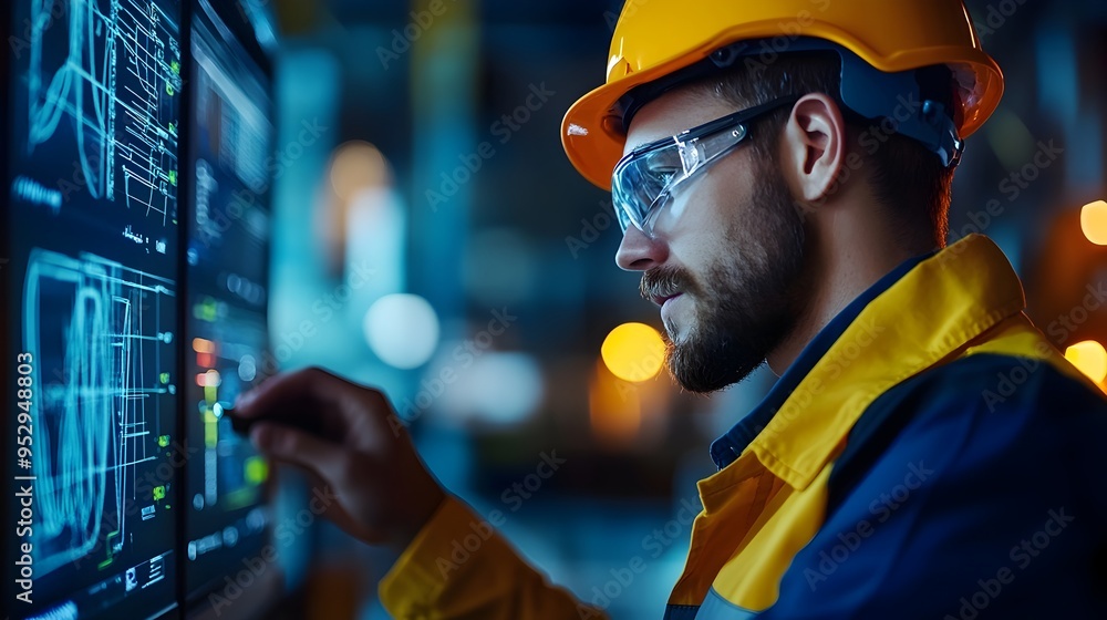 Poster wind turbine engineer fine tuning turbine controls close up of digital interface focused on efficien