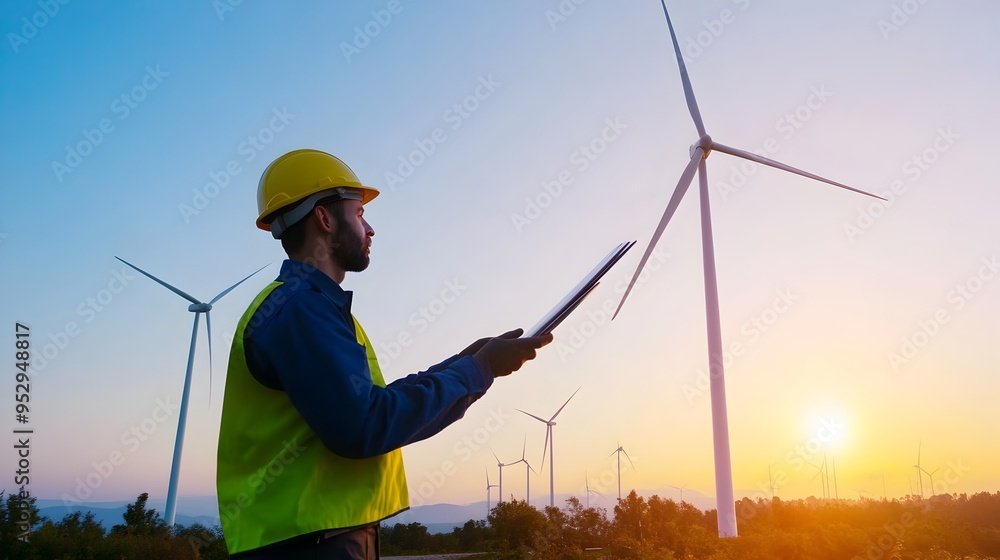 Poster engineer inspecting wind turbine efficiency with detailed schematics and meticulously examining comp