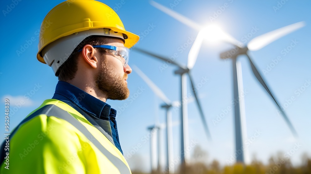 Poster wind turbine efficiency testing by engineer inspecting mechanical components and schematics
