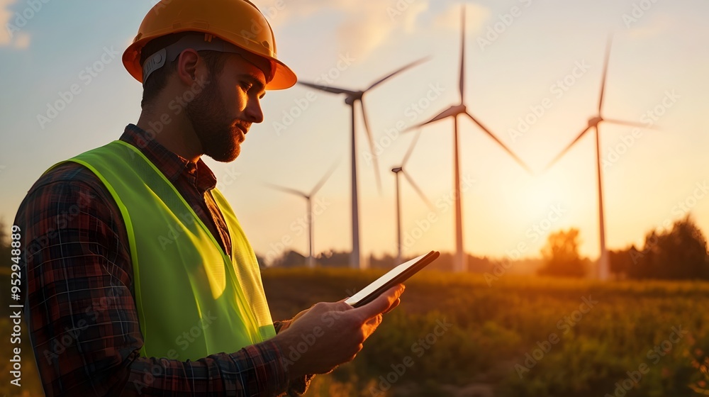 Aufkleber cutting edge wind turbine farm engineer analyzing data on tablet with towering turbines spinning in 