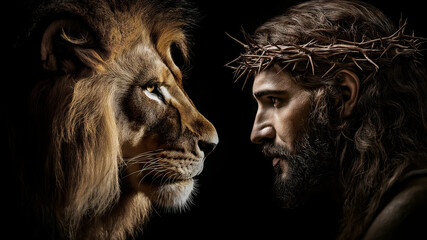 Jesus and the Lion of Judah Religious Portrait on Black Background.  Digital Illustration Spiritual Art.