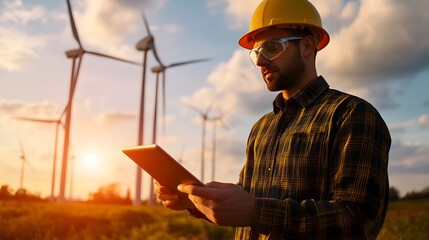 Cutting edge Wind Turbine Farm with Engineer Analyzing Data on Tablet in Picturesque Sustainable Energy Project