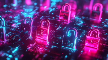 Neon locks in vibrant colors light up digital security landscape, cyber protection focus. Vibrant. Illustration
