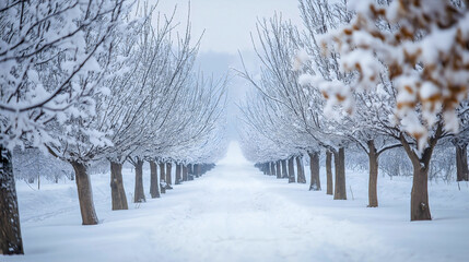 Fototapeta premium Apple orchard in winter, the bare trees and branches covered in snow, season nature of agriculture fruit garden, pruning and cultivation in the cold weather, outdoor plant