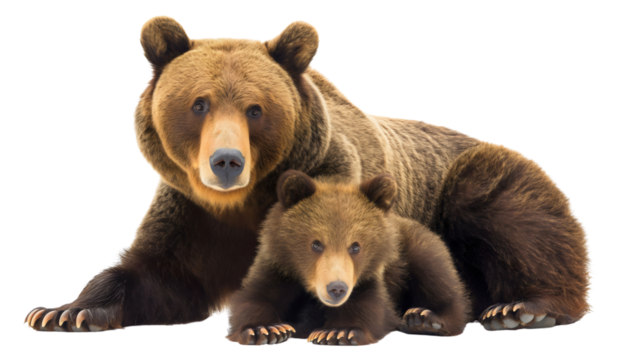 Adorable mother mama bear hugging her cute baby cub child, a heartwarming family portrait of the wild animal and its young, showcasing the love and bond, isolated