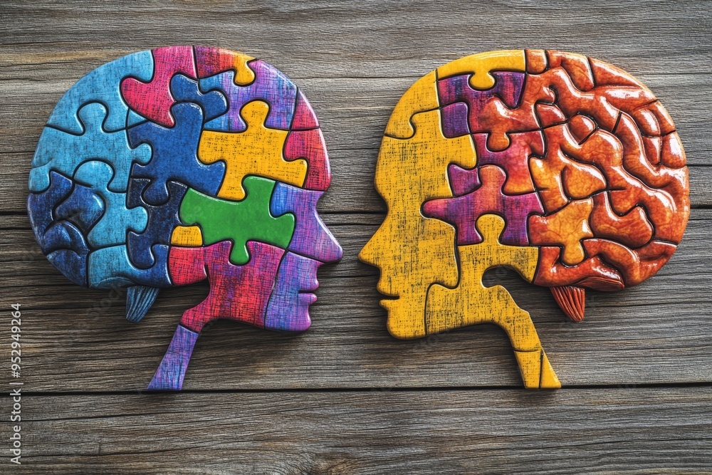 Poster a colorful illustration of two puzzle shaped brains symbolizing the diversity of thought the complex