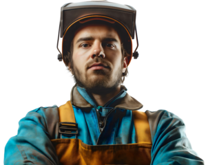 Welder job man with protection helmet, isolated, skilled industry occupation of metalwork and manufacturing, a portrait of a worker in equipment and safety uniform