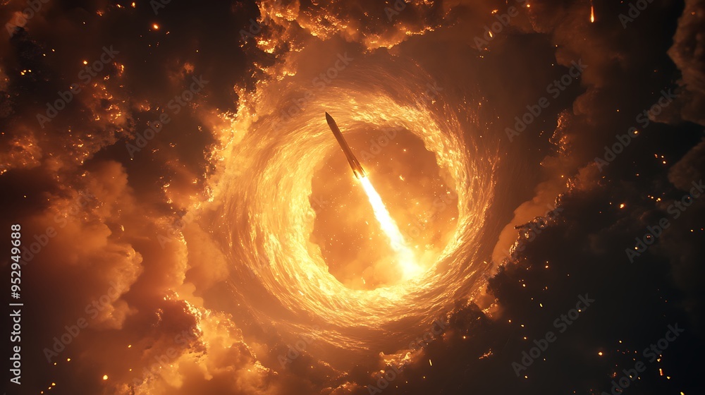 Poster rocket launch through fiery vortex in the clouds