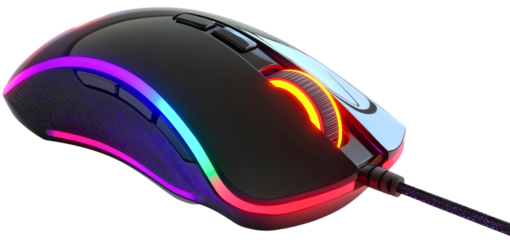 Neon lit PC gaming mouse device isolated accessory for modern digital entertainment and esports, technology and equipment used by professional gamers and streamers to play