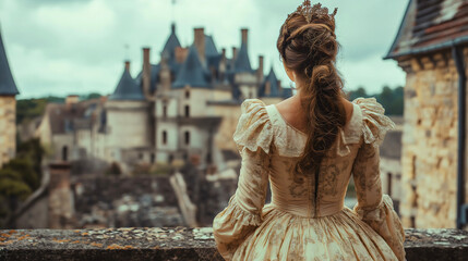 Young woman wearing an elegant medieval or Renaissance style dress, history, royal ancient fashion with vintage and aristocratic flair, princess or queen