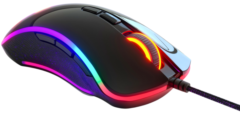 Neon lit PC gaming mouse device isolated accessory for modern digital entertainment and esports, technology and equipment used by professional gamers and streamers to play
