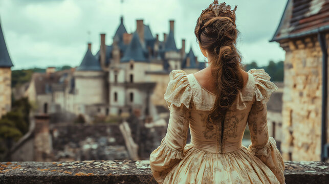 Young woman wearing an elegant medieval or Renaissance style dress, history, royal ancient fashion with vintage and aristocratic flair, princess or queen