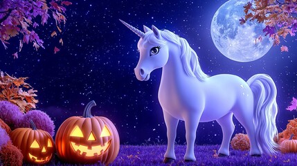 Halloween unicorn with pumpkin-shaped hooves, eerie moonlit backdrop, 3D illustration