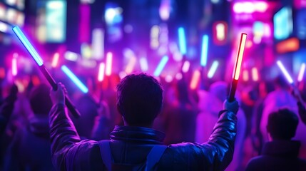 Neon Drenched Futuristic City Street with Crowds Holding Glowing Batons Vibrant Nightlife in Technologically Advanced Metropolis