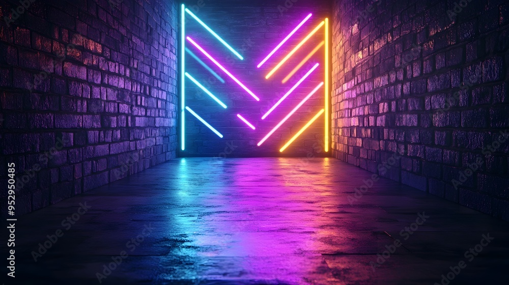 Poster hypnotic neon sign with dynamic asymmetric shapes pulsing luminescent display captivating urban nigh