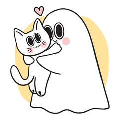 Cute Halloween ghost and cat vector.