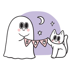 Cute Halloween ghost and cat vector.
