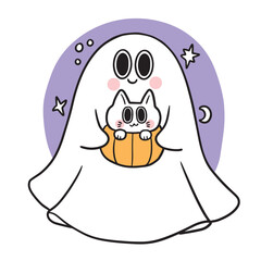 Fototapeta premium Cute Halloween ghost and cat vector.