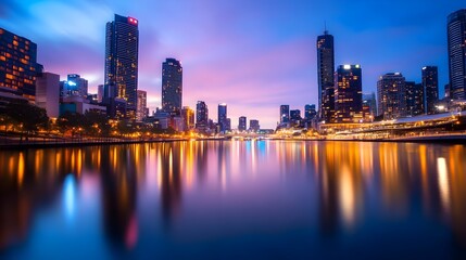 Fototapeta premium Majestic cityscape of gleaming high rises mirrored in a still river at twilight
