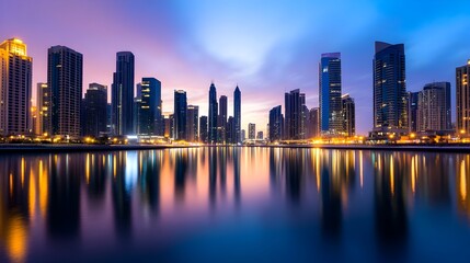 Fototapeta premium Majestic Twilight Cityscape Reflected in Serene River Below Glowing Skyscrapers