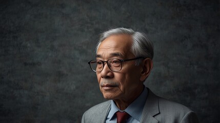 Fototapeta premium 無機質なグレーの背景とスーツ姿の老人男性_18