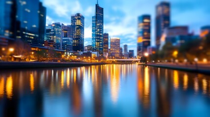 Naklejka premium Glowing City Skyline at Dusk Reflecting on Tranquil River with Towering Skyscrapers
