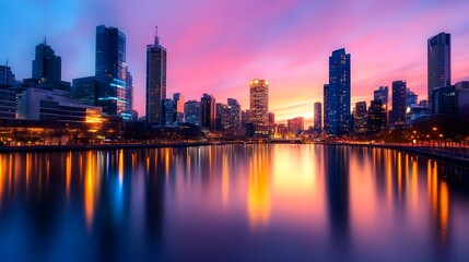 Fototapeta premium Glowing Metropolis Skyline Reflecting on Serene River at Dusk