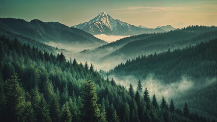 Obraz premium Green forest among mountainside in winter