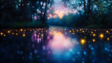 Glowing Fireflies Illuminating a Peaceful Twilight Pond in an Impressionistic Idyllic Woodland Setting