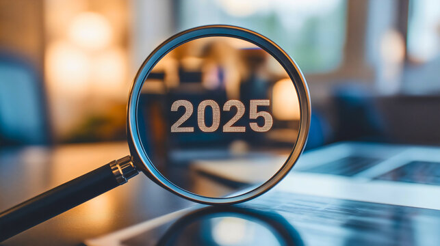 As we enter 2025, a magnifying glass on business performance and economy trends reveals new year opportunities for startup, focus on vision and strategic analysis for success