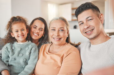 Big family, grandmother and child in portrait with selfie, love and care for bonding together in home. Mature woman, daughter and man in living room for happiness, connection or affection in Turkey